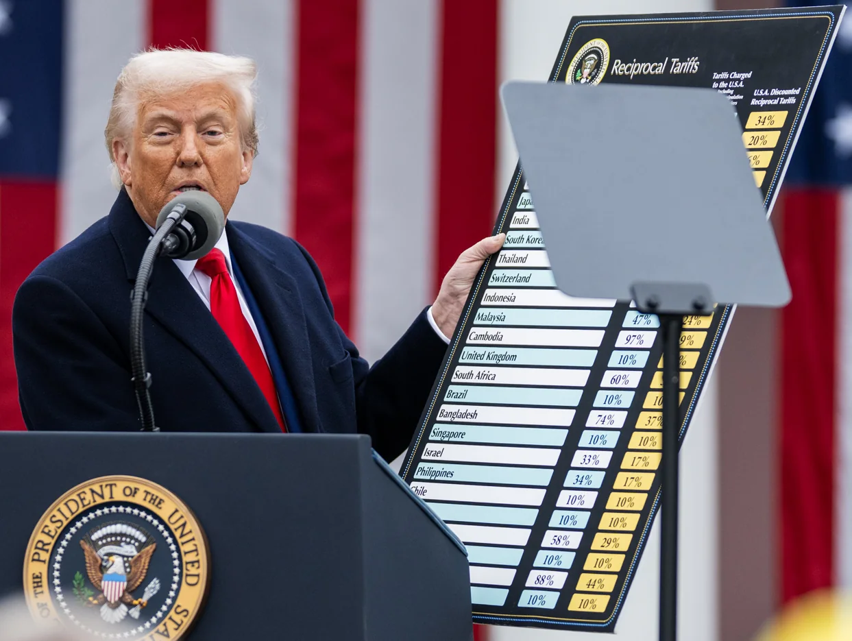 Donald Trump displays a tariff chart in the White House Rose Garden on April 2, 2025.