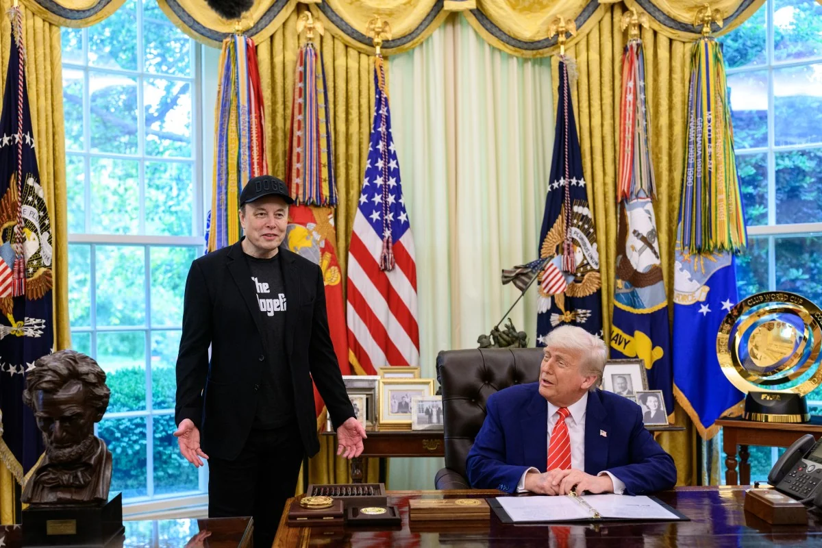 Donald Trump and Elon Musk at the White House press conference marking Musk’s departure