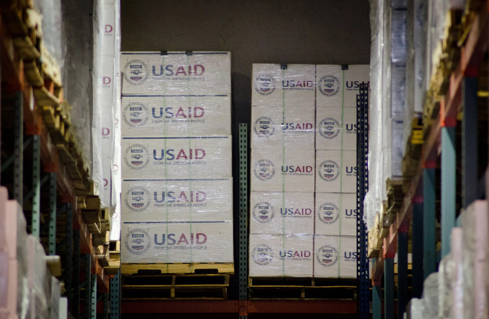 Boxes of humanitarian relief supplies in a USAID warehouse