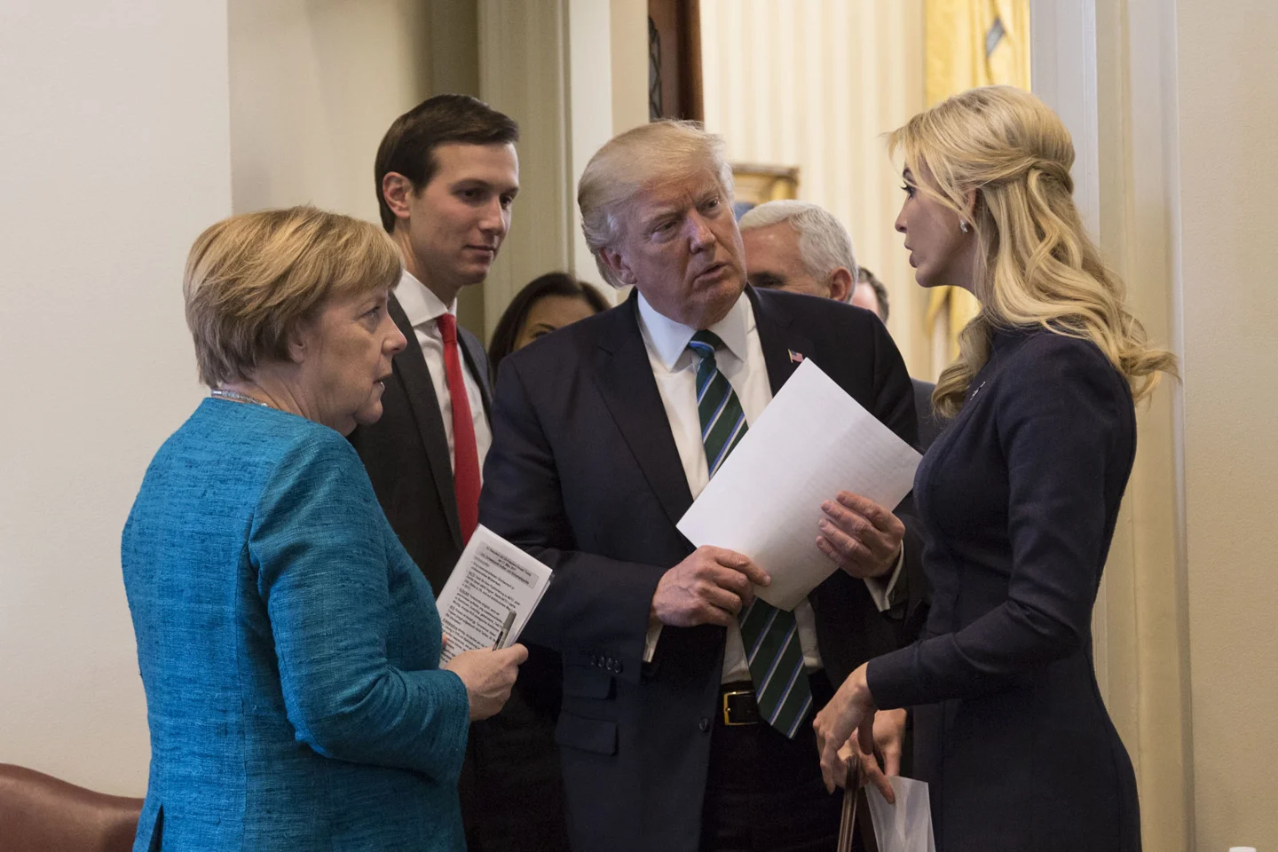 Angela Merkel, Jared Kushner, Donald Trump and Ivanka Trump at the White House in March 2017