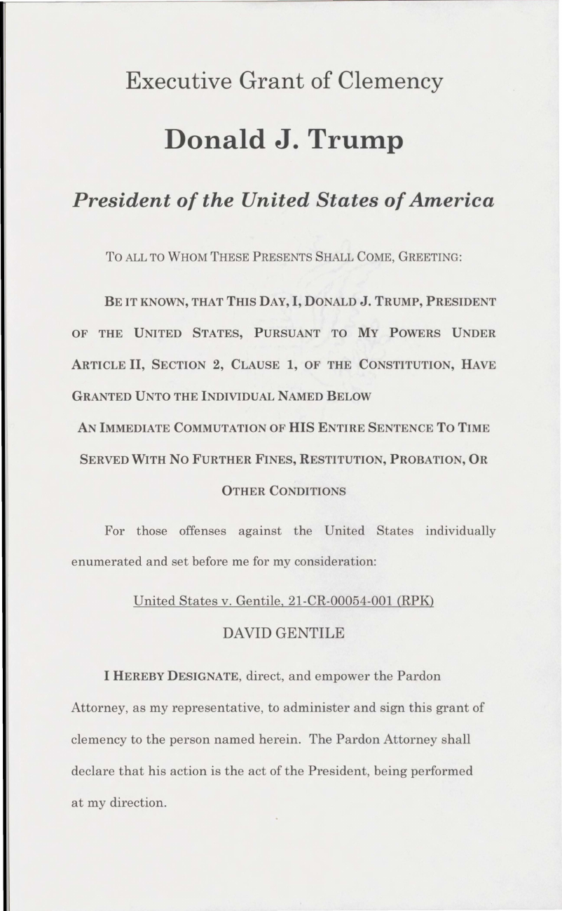 First page of the open david gentile’s commutation. Open the complete PDF for the original document.