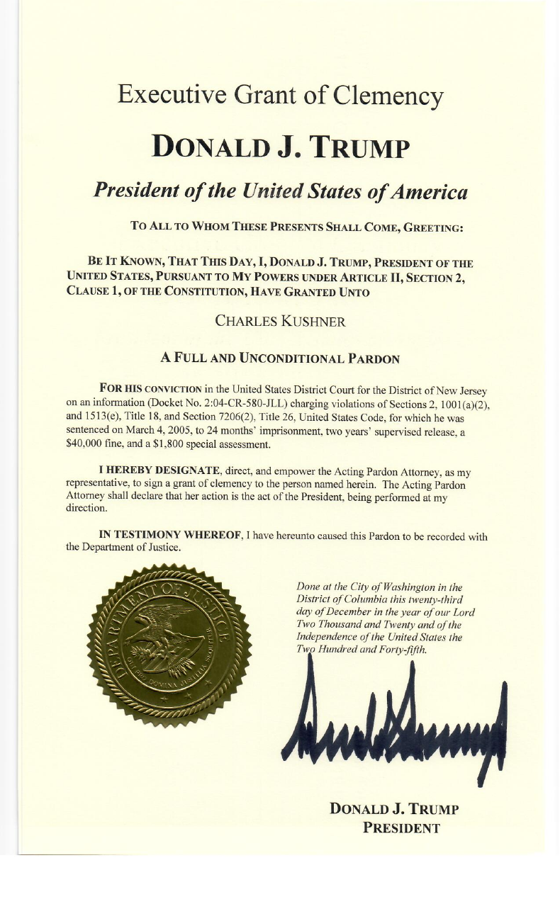 First page of the open charles kushner’s pardon. Open the complete PDF for the original document.