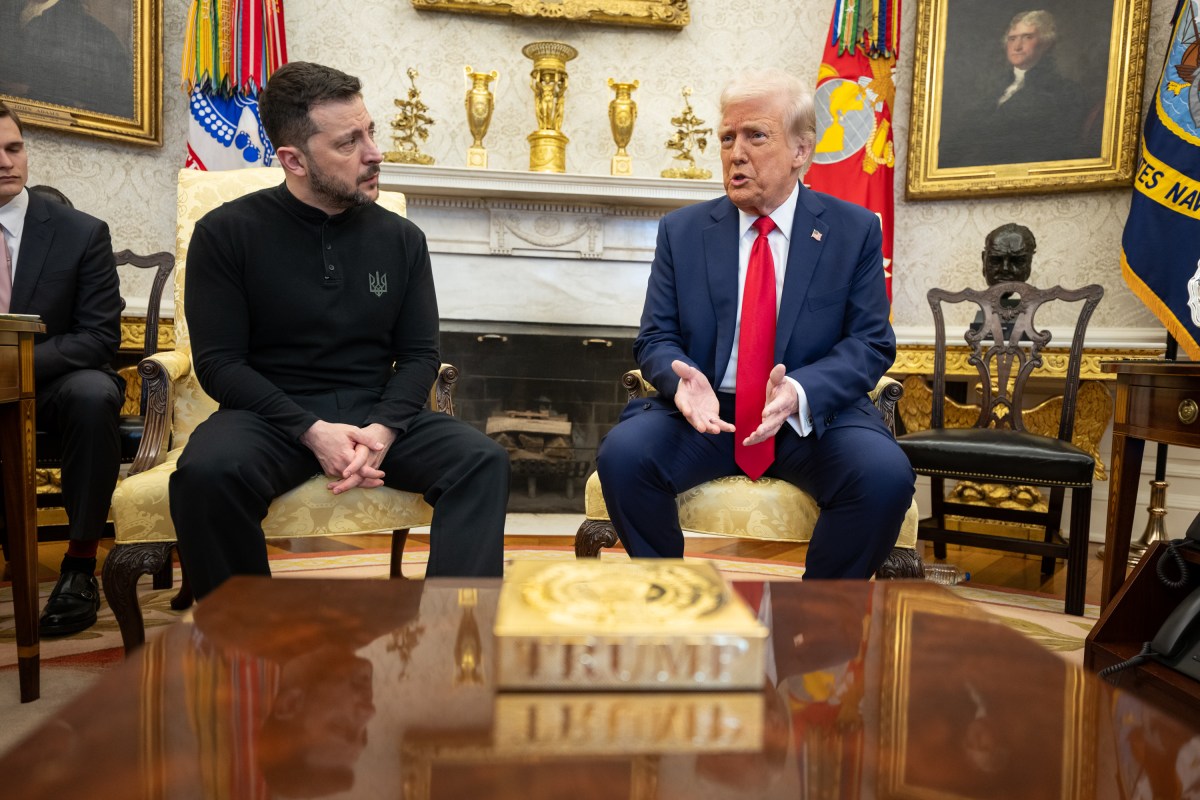 Volodymyr Zelensky and Donald Trump seated together during their White House meeting on February 28, 2025.