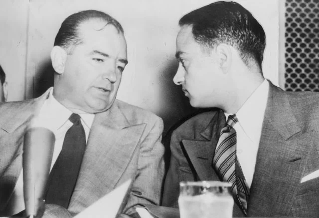 Senator Joseph McCarthy and Roy Cohn during the Army–McCarthy hearings, 1954.